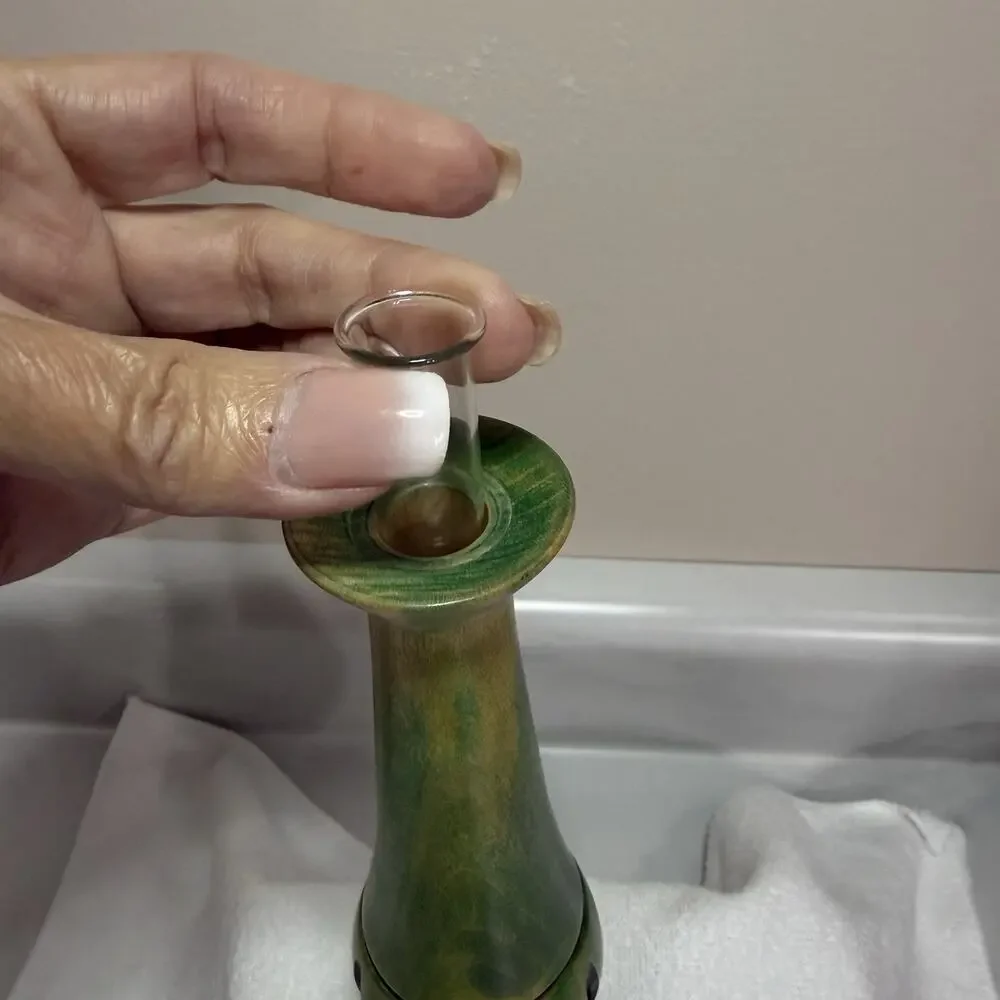 Vintage Hand-Turned Solid Maple Bud Vase Green Dye Signed GEW Glass Insert OOAK